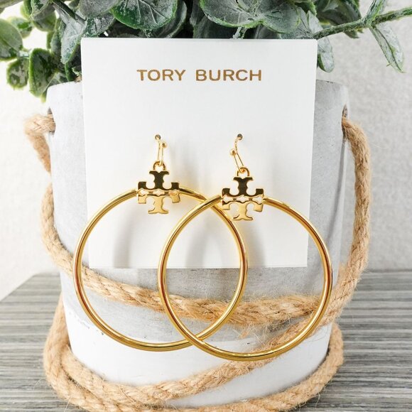 Tory Burch Stacked T Logo Hoop Earrings Gold OS - Picture 3 of 9